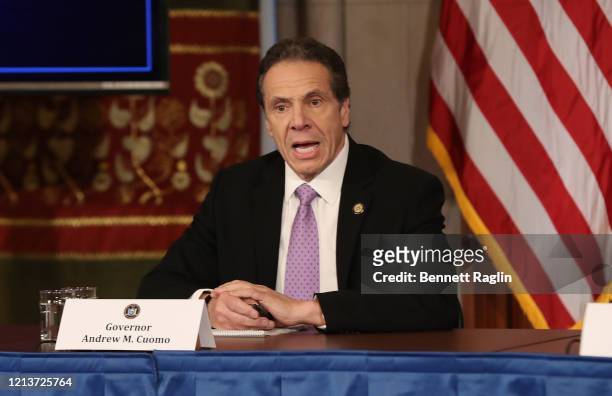 New York Governor Andrew Cuomo speaks during his daily news conference amid the coronavirus outbreak on March 20, 2020 in New York City. Cuomo...