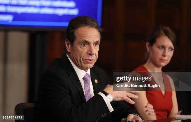 New York Governor Andrew Cuomo speaks during his daily news conference with Secretary to the Governor Melissa DeRosa on March 20, 2020 in New York...