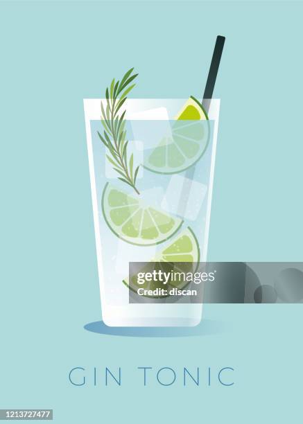 illustrations, cliparts, dessins animés et icônes de cocktail gin tonic avec quartier de lime. - goute d'eau