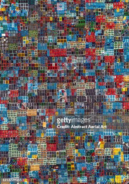 aerial image directly above a large group of colourful drinks pallets, germany - multi colored stock photos et images de collection