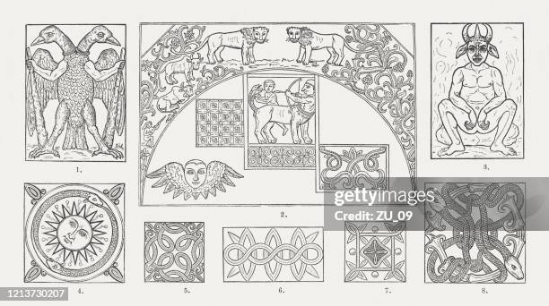 ornaments from the interior of ethiopian churches, woodcuts, pupblished 1893 - demon stock illustrations