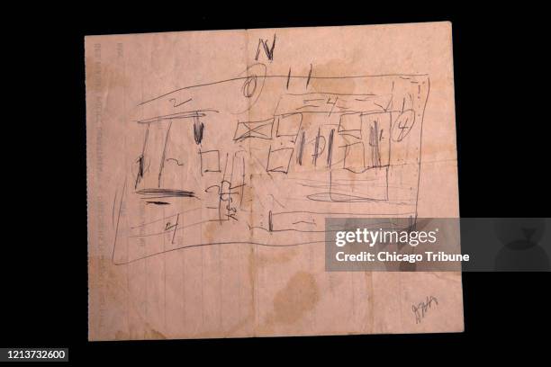 Diagram drawn by the serial killer John Wayne Gacy of the location of the bodies in the crawl space of his home is part of evidence from the 1980...