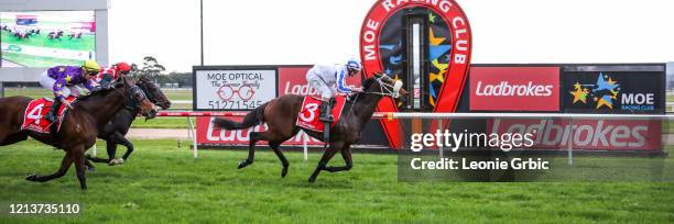 Matamata ridden by Luke Nolen wins the Nextra Moe Maiden Plate at Moe Racecourse on May 19, 2020 in Moe, Australia.