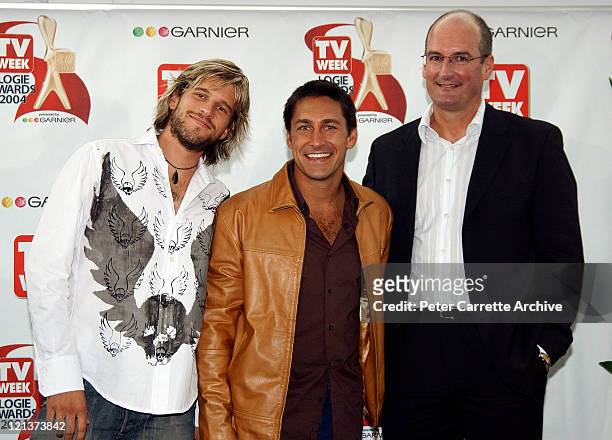 Andrew G, Jamie Durie and David Koch at the 2004 TV Week Logie Award nominations at Quay Restaurant on March 22, 2004 in Sydney, Australia.