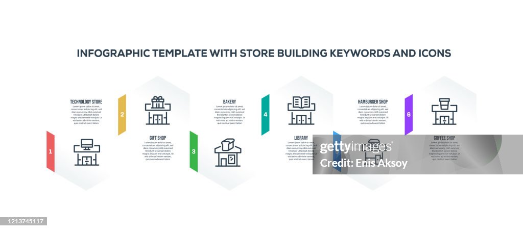 Infographic design template with store building keywords and icons