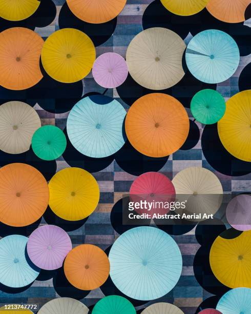 aerial image looking down on sunshades forming part of an outdoor art installation, andalusia, spain - object stock pictures, royalty-free photos & images