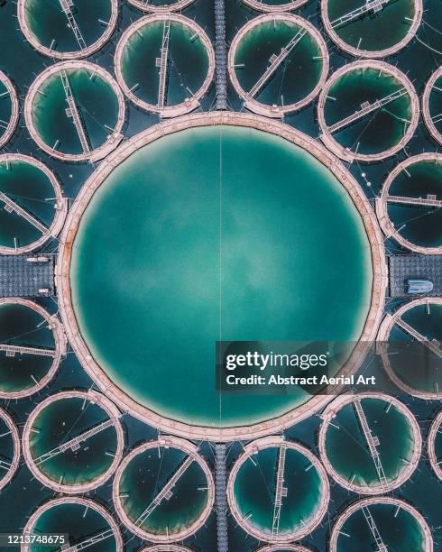 close up aerial shot of a strange aquaculture structure in a lake, germany - symmetry fotografías e imágenes de stock