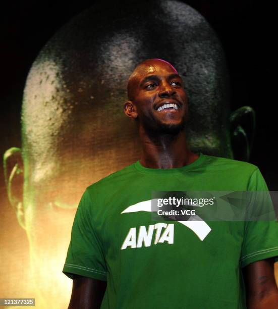 American professional basketball player Kevin Garnett of Boston Celtics attends an ANTA promotional event on August 18, 2011 in Shenyang, Liaoning...