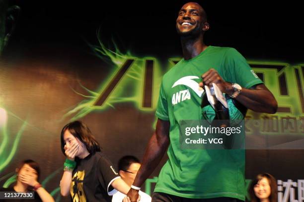 American professional basketball player Kevin Garnett of Boston Celtics attends an ANTA promotional event on August 18, 2011 in Shenyang, Liaoning...