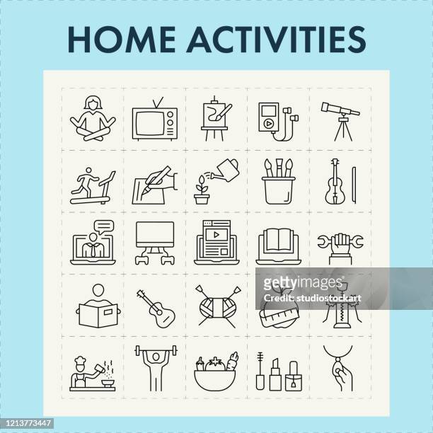 ilustraciones, imágenes clip art, dibujos animados e iconos de stock de conjunto de iconos de la línea de actividades domésticas - leisure activity