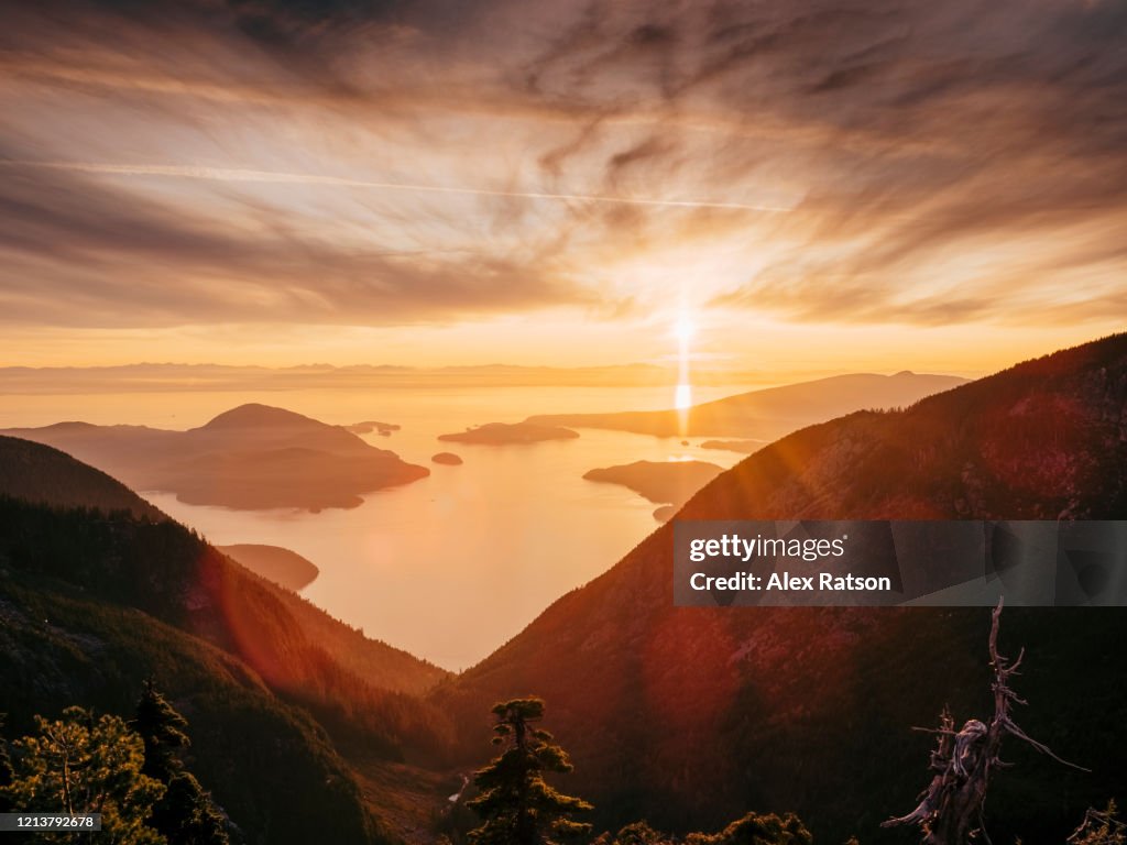 Howe Sound at sunset from high above Lions Bay, British Columbia, Canada