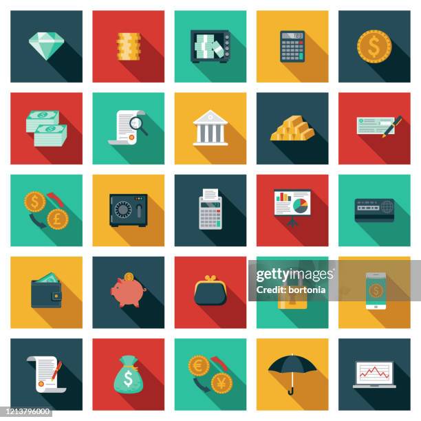 banking and finance icon set - bank icon stock illustrations