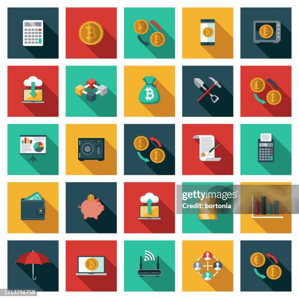 bitcoin and cryptocurrency icon set - pickaxe icon stock illustrations
