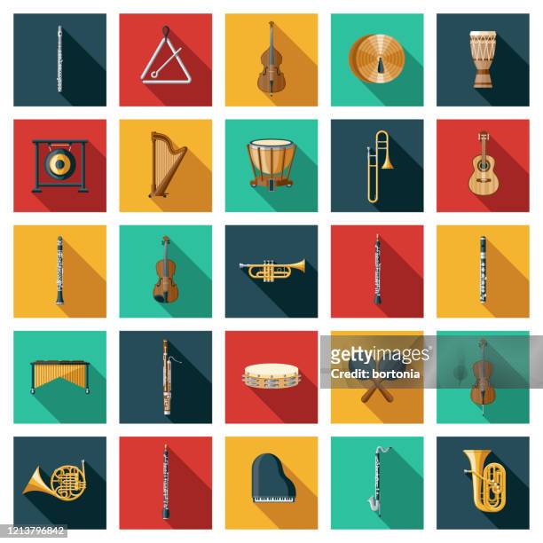 ilustraciones, imágenes clip art, dibujos animados e iconos de stock de conjunto de icono de instrumentos musicales - marimba