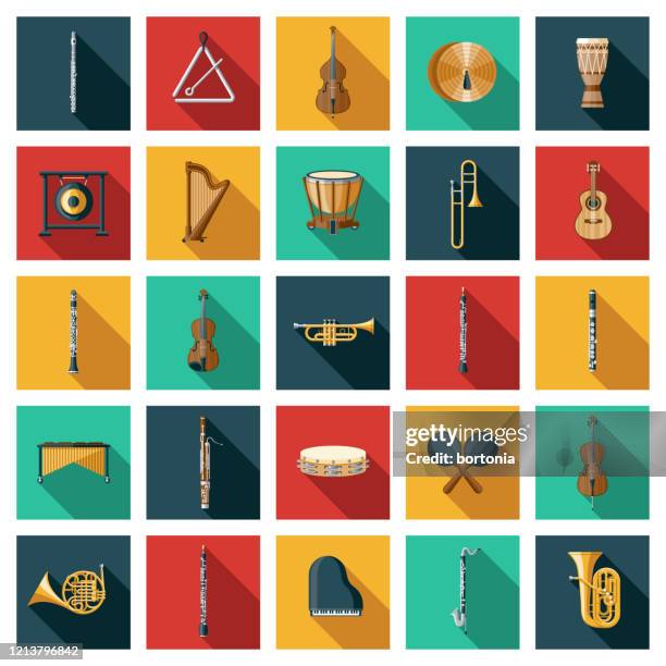 stockillustraties, clipart, cartoons en iconen met pictogramset muziekinstrumenten - triangel