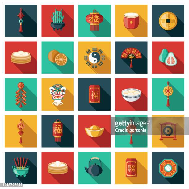 chinese new year celebration icon set - bamboo material stock illustrations