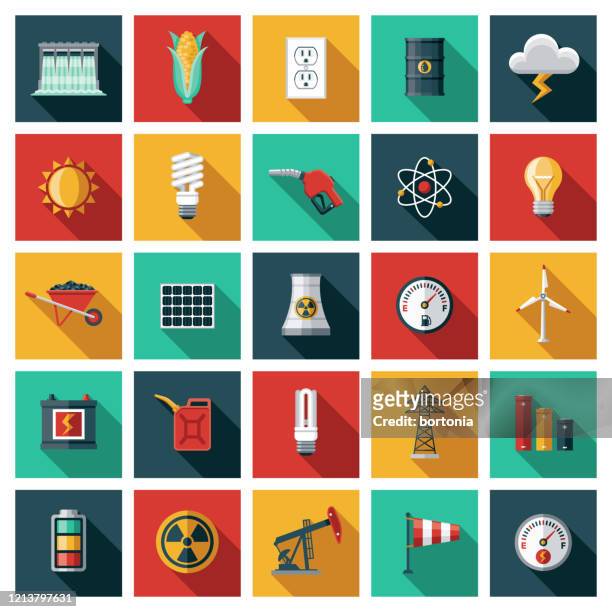 stockillustraties, clipart, cartoons en iconen met pictogramset voor energie-, stroom- en brandstofopwekking - zonne energiecentrale