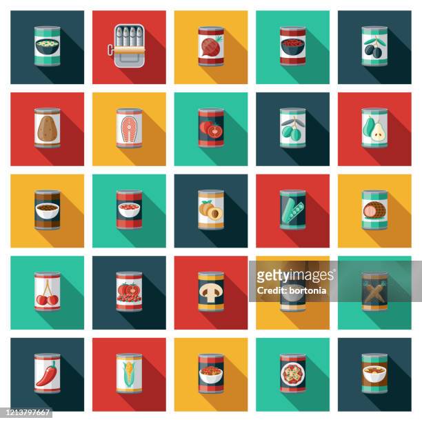 ilustraciones, imágenes clip art, dibujos animados e iconos de stock de conjunto de icono de alimentos enlatados - ready meal
