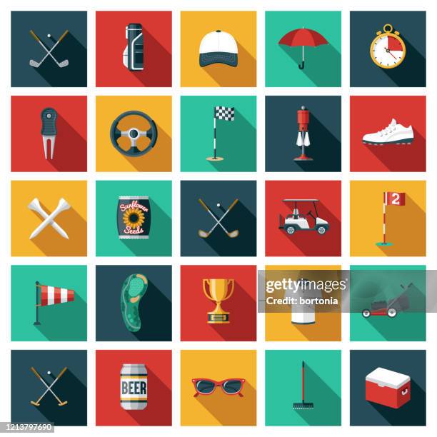 ilustraciones, imágenes clip art, dibujos animados e iconos de stock de juego de iconos de golf - golf flag