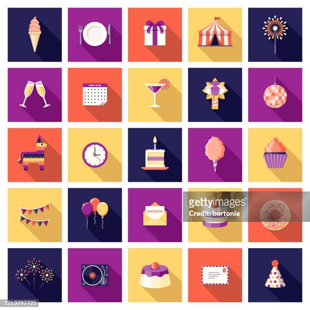 ilustrações, clipart, desenhos animados e ícones de conjunto de ícones da festa de aniversário - chapéu de festa