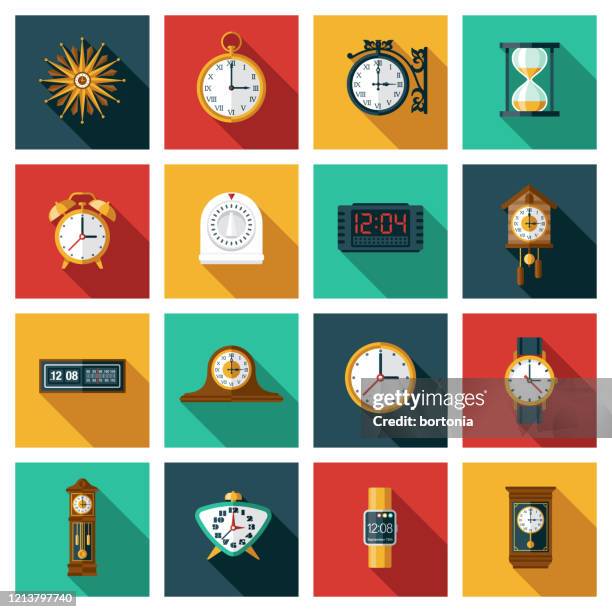 ilustraciones, imágenes clip art, dibujos animados e iconos de stock de conjunto de iconos de relojes y alarmas - reloj de cuco