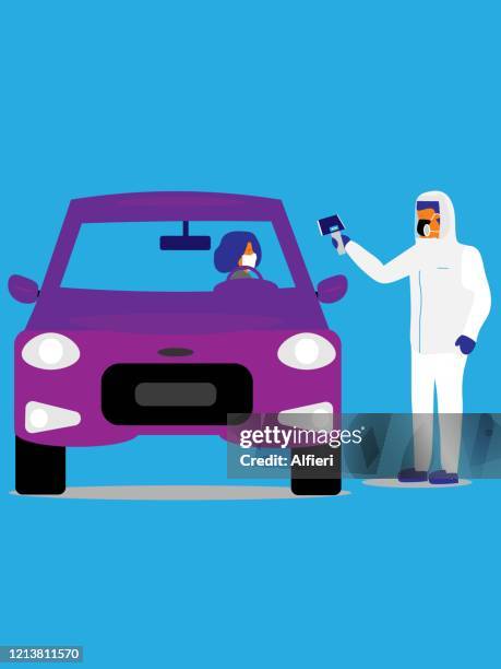 medical professional takes the temperature of a driver at a drive-through testing facility. - drive through stock illustrations
