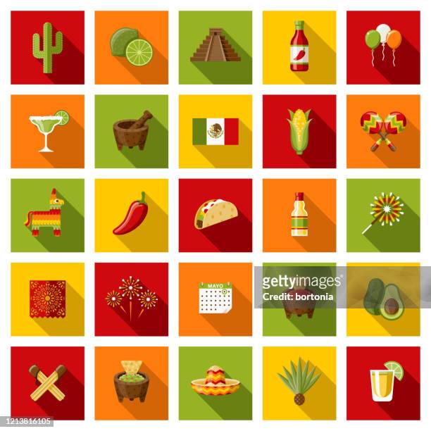 mexico cinco de mayo icon set - sombrero maracas stock illustrations
