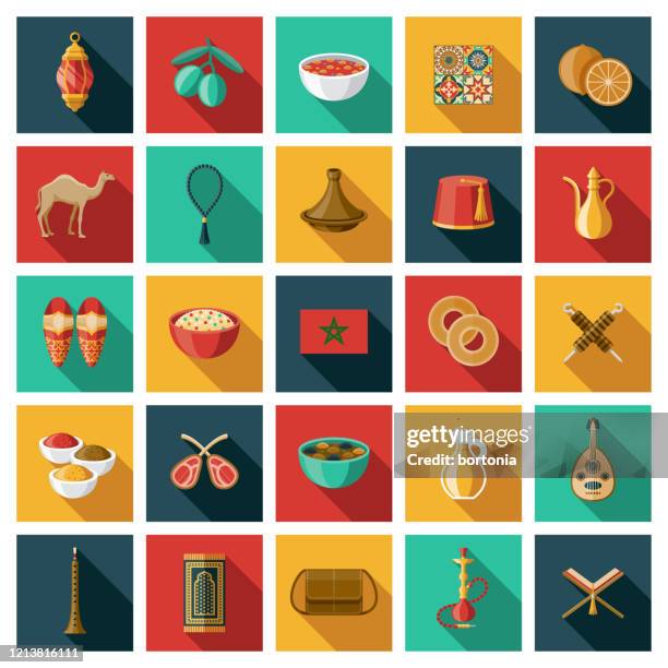 morocco icon set - moroccan lamb tagine stock illustrations