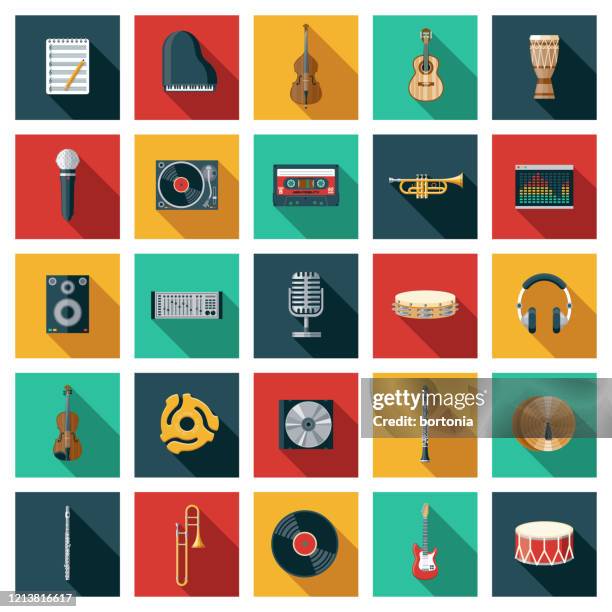 ilustraciones, imágenes clip art, dibujos animados e iconos de stock de conjunto de iconos de música - instrumento musical