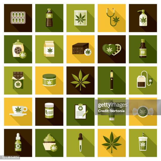 stockillustraties, clipart, cartoons en iconen met pictogramset marihuanaproducten - marijuana herbal cannabis