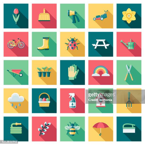 ilustraciones, imágenes clip art, dibujos animados e iconos de stock de conjunto de iconos de resorte - mariquita