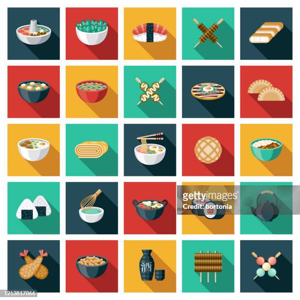 ilustrações, clipart, desenhos animados e ícones de conjunto de ícones de comida japonesa - saquê