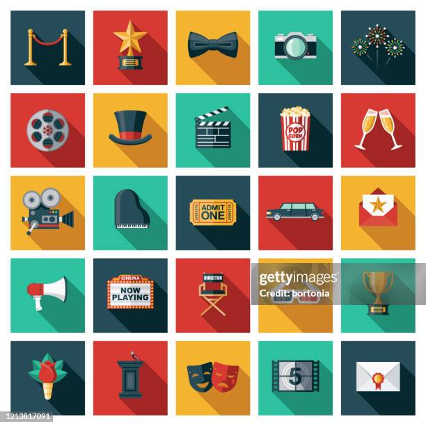 filme und filmschaffen icon set - kinofilm stock-grafiken, -clipart, -cartoons und -symbole