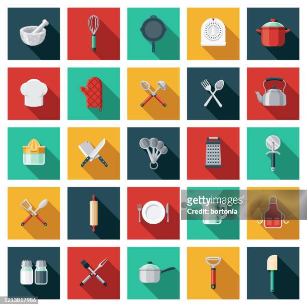 kitchen tools icon set - meat cleaver stock illustrations