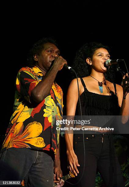 Mandawuy Yunupingu and Jodie Cockatoo-Creed from the band Yothu Yindi performing on stage as the opening act for Carlos Santana during his 'Shaman'...