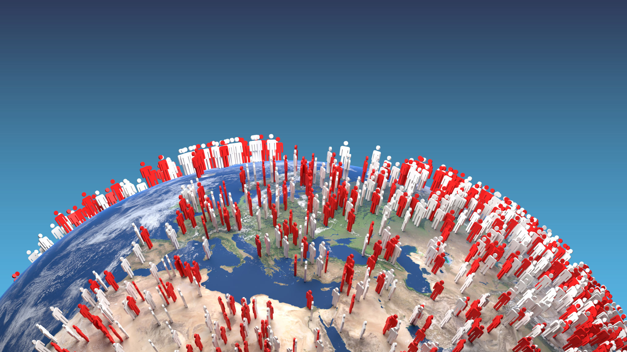 3d rendering of Planet Earth closeup with stylized red and white men over it(elements of this image by Nasa) 3d rendering of Planet Earth closeup with stylized red and white men over it(elements of this image by Nasa)