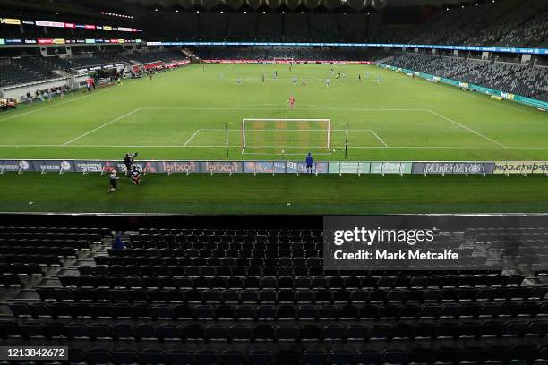 General view during the round 24 A-League match between the Western Sydney Wanderers and Sydney FC at Bankwest Stadium on March 21, 2020 in Sydney,...