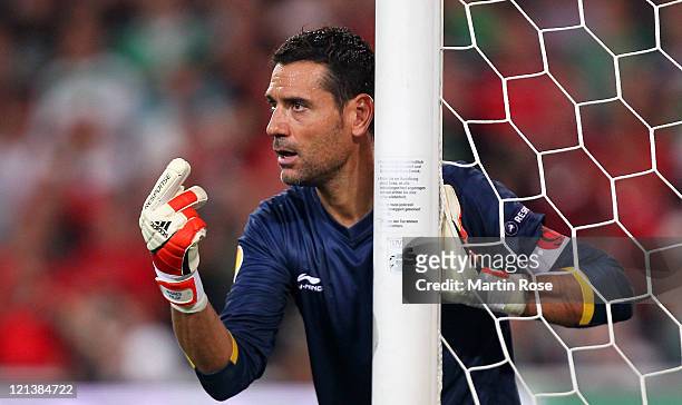Andres Palop, goalkeeper of Sevilla gestures during the UEFA Europa League play-off match between Hannover 96 FC Sevilla at AWD Arena on August 18,...