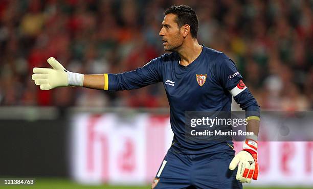 Andres Palop, goalkeeper of Sevilla gestures during the UEFA Europa League play-off match between Hannover 96 FC Sevilla at AWD Arena on August 18,...