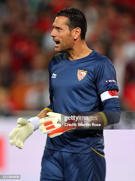 Andres Palop, goalkeeper of Sevilla gestures during the UEFA Europa League play-off match between Hannover 96 FC Sevilla at AWD Arena on August 18,...