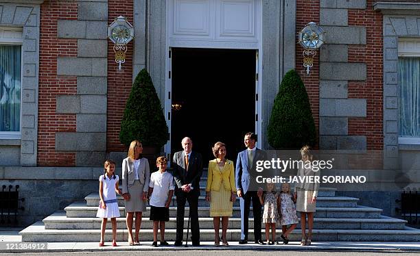 Spain's Princess Elenam her daughter Victoria Federica and son Felipe Juan Froilan, Spain's King Juan Carlos, Spain's Queen Sofia, Spain's Prince of...