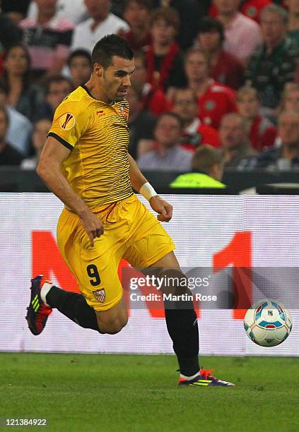 Alvaro Sanchez Negredo of Sevilla runs with the ball during the UEFA Europa League play-off match between Hannover 96 FC Sevilla at AWD Arena on...