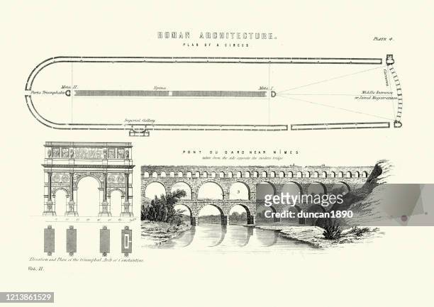 ancient roman architecture, circus, arch of constantine, pont du gard - pont du gard aqueduct stock illustrations