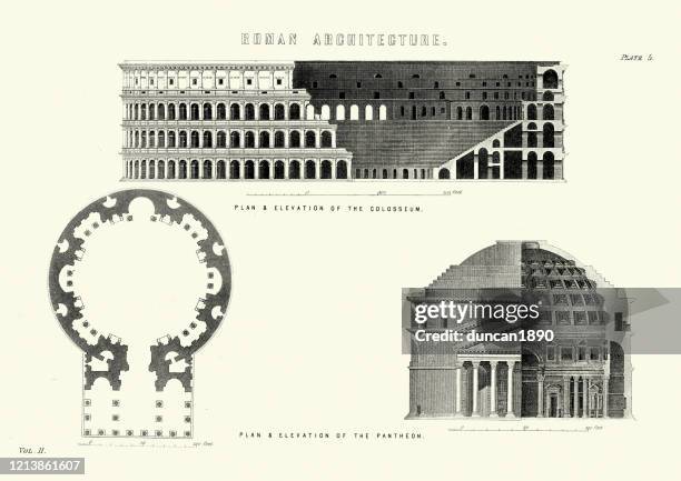 ilustraciones, imágenes clip art, dibujos animados e iconos de stock de arquitectura romana antigua, plano, elevación, coliseo, panteón, roma - panteón de agripa