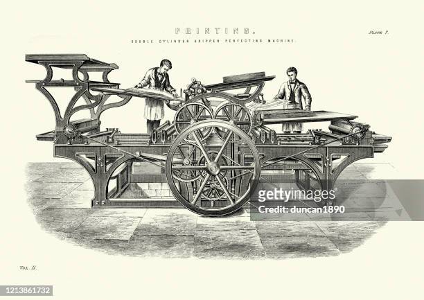 print workers operating a victorian printing press, 19th century - antique printing press stock illustrations