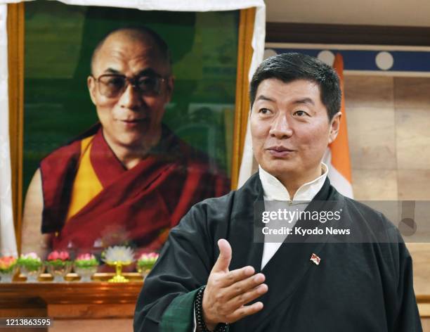 Photo taken in January 2018 shows Tibetan government-in-exile Prime Minister Lobsang Sangay giving an interview in Dharamsala, northern India. Seen...