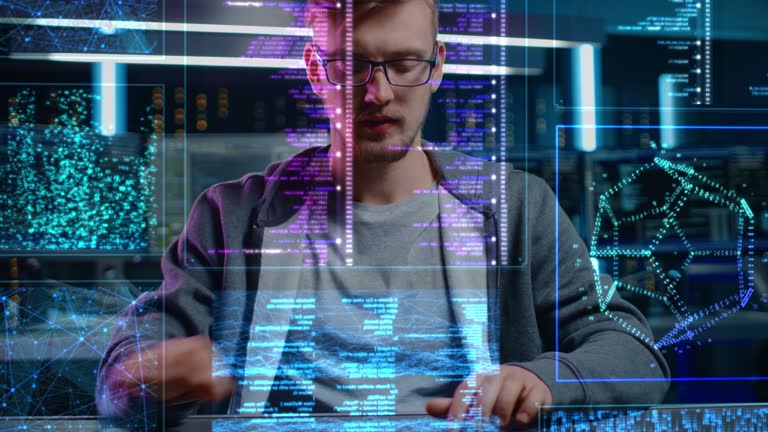 Software Programmer Working on Computer with Neural Networking, Machine ...