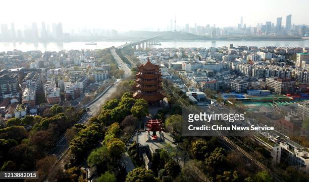 Aerial view of the Yellow Crane Tower is seen amid the coronavirus outbreak on March 20, 2020 in Wuhan, Hubei Province of China.