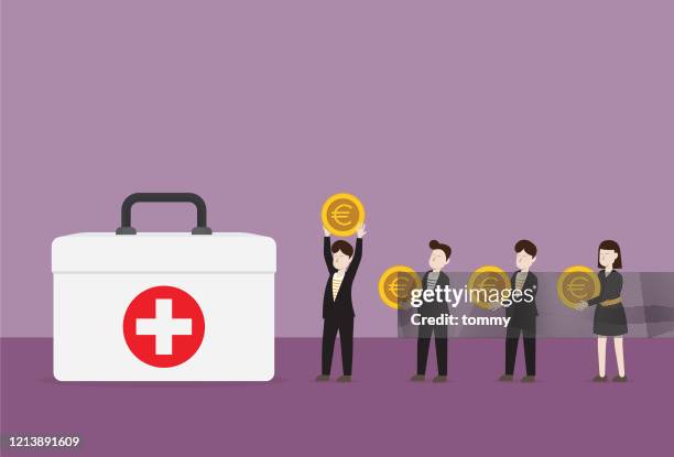 geschäftsmann sammelt euro-münze für eine gesundheitsbox - e health stock-grafiken, -clipart, -cartoons und -symbole