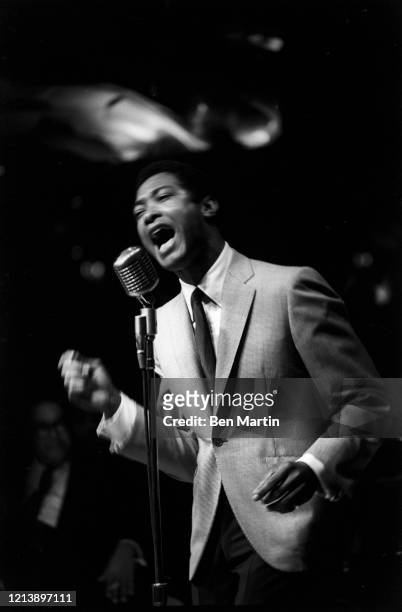 Sam Cooke , singer, songwriter and civil-rights activist, on stage with band at New York's Copacabana nightclub, June 1964.